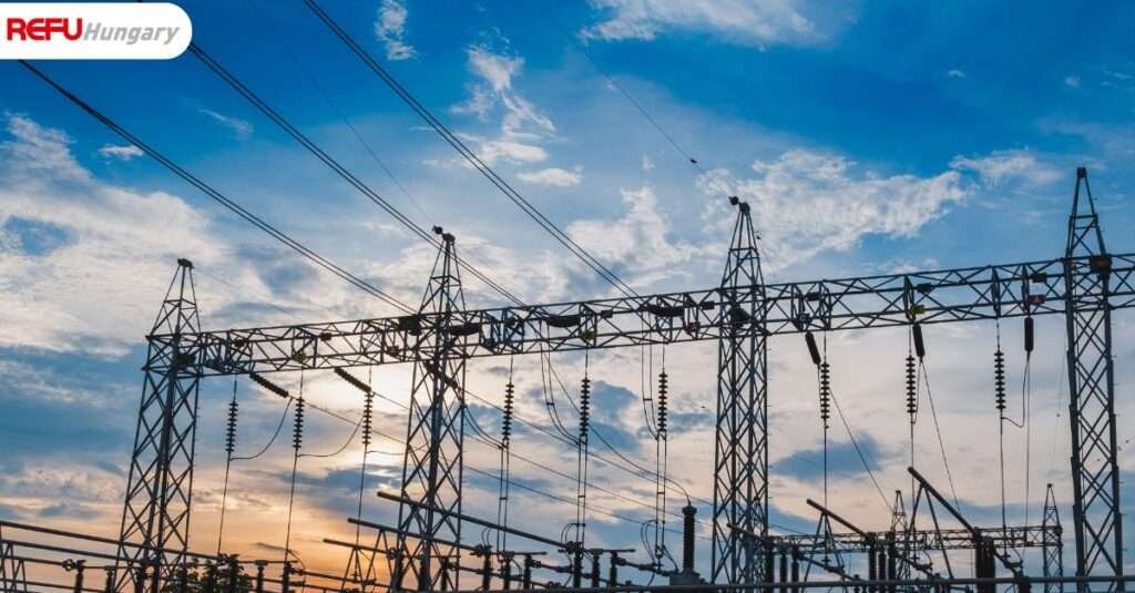 Ipari távvezeték-rendszer és transzformátorállomás naplementében